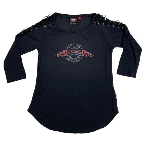 Victory Motorcycles Lace Up Skull Roses Bling Shirt XS Stretchy Biker - Picture 13 of 13